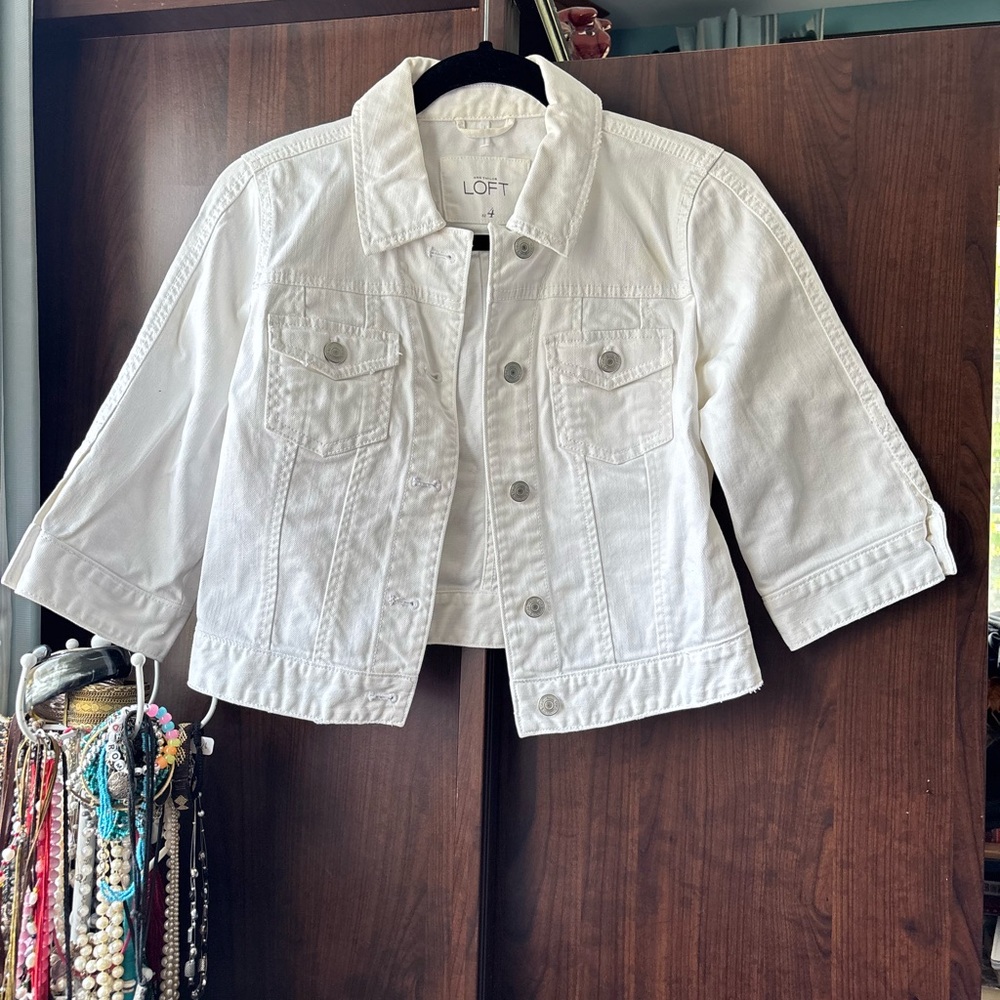 LOFT White Cropped Jean Jacket 3/4 Sleeves